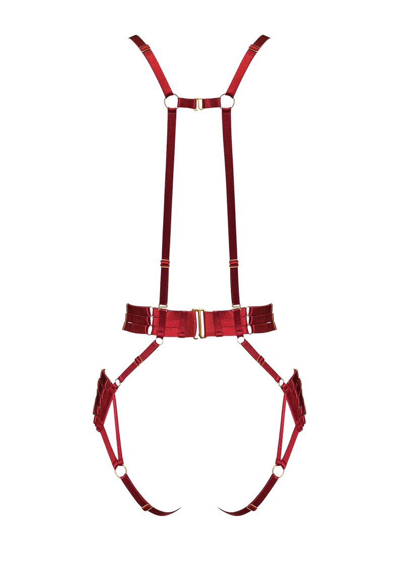 Bordelle Signature Strap Body Harness in Burnt Red with elasticated straps and 24K gold hardware