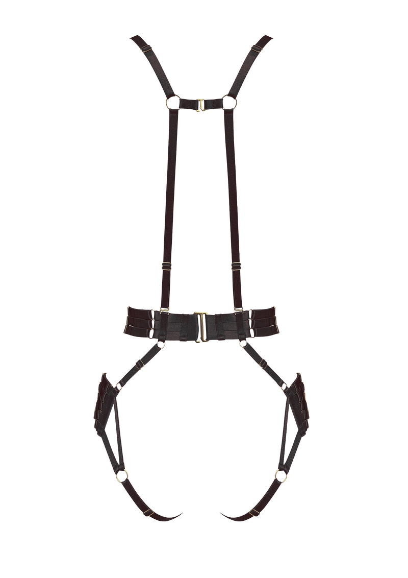 Bordelle Signature Strap Body Harness in Black with elasticated straps and 24K Gold hardware