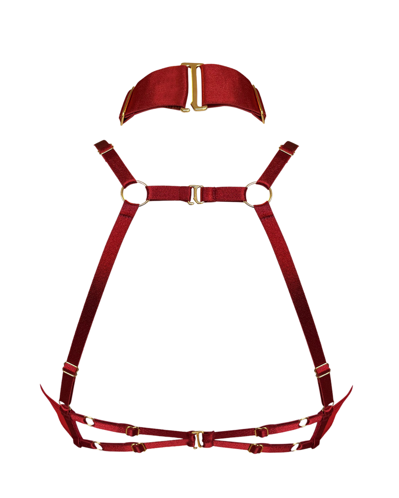 Back view of the ouvert open cup bra showcasing the gold componentry that makes the burnt red bra fully adjustabe