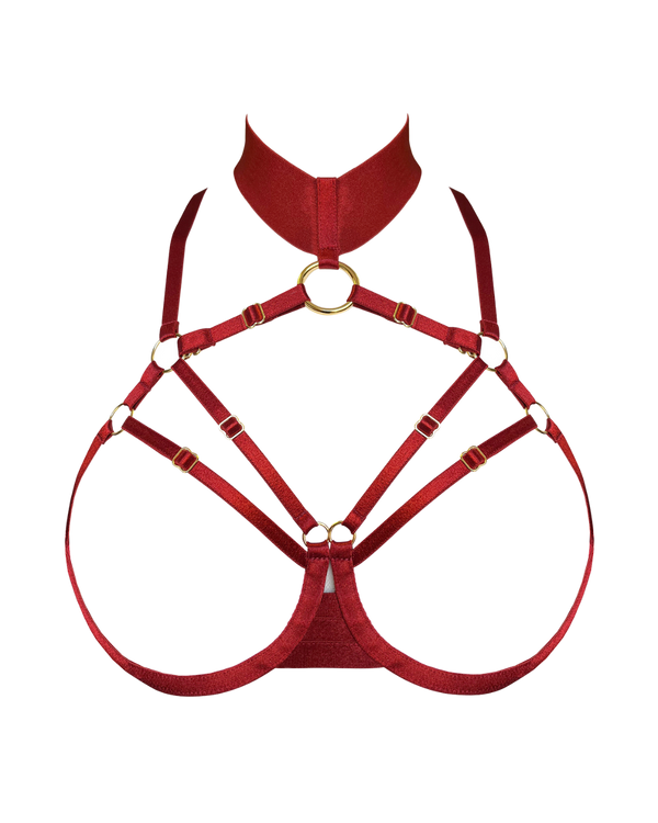 Red elasticated open cup bra with a large gold ring that traces against the  collar bone along with a wide elastic collar 