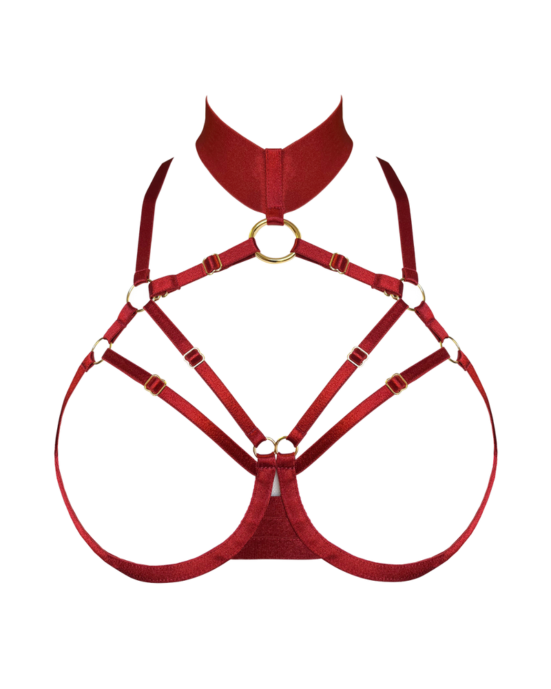 Red elasticated open cup bra with a large gold ring that traces against the  collar bone along with a wide elastic collar 