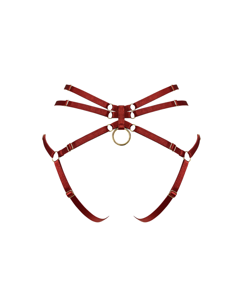 Red elastic harness with gold componentry and adjustable strapping that frames the back 