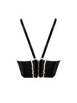 Back cut out image of the signature crop top, showing two gold sliders attached to two adjustable straps over the shoulder with paneled under band and a large gold zip central to the back with gold ring detailing on each panel 