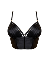 Front cut out image of the Bordelle signature black crop top with gold sliders attached to adjustable straps across the chest, paneled straps across the front and under band