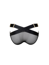 Back cut out image of panelled suspender knicker with gold sliders attached to adjustable straps, with mesh knickers