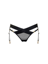 Front cut out image of panelled suspender knicker with gold sliders attached to adjustable straps, with mesh knickers