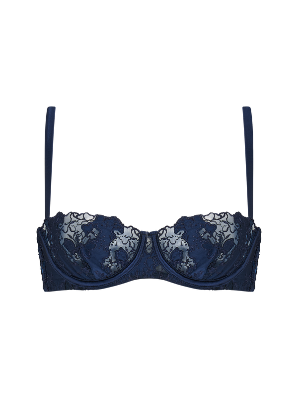 A deep blue, floral patterned half cup bra with silk-cased underwire, scalloped edges, adjustable silk straps, a hook and eye closure, and golden hardware.