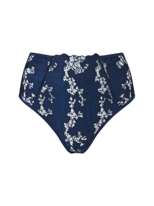 A high waisted, open knicker with blue floral embroidery and adjustable silk straps.