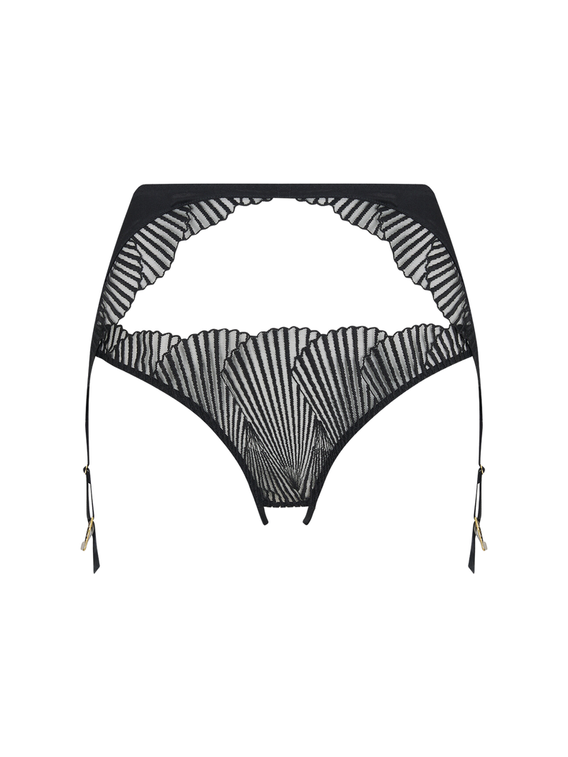 A stunning black high-waisted, open suspender knicker with intricate Athena embroidery and adjustable silk straps 