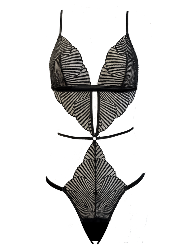 An open playsuit with soft cups in Coco de Mer's stunning Athena embroidery, designed to flatter the body