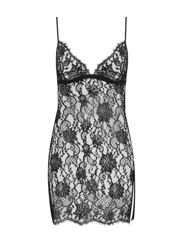 A black, French Leaver's lace slip dress with triangle cups, delicate eyelash edging, and silk straps