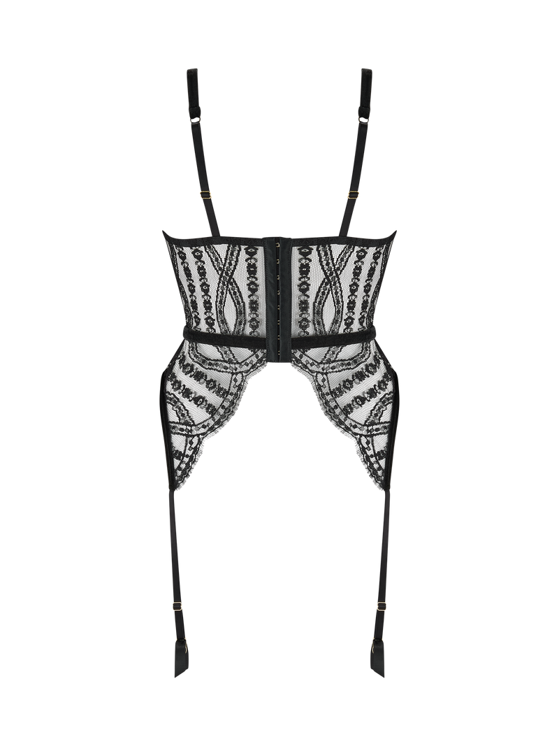 An intricate black French Leaver's lace Basque with luxury velvet binding, an underwired design, and adjustable suspender straps