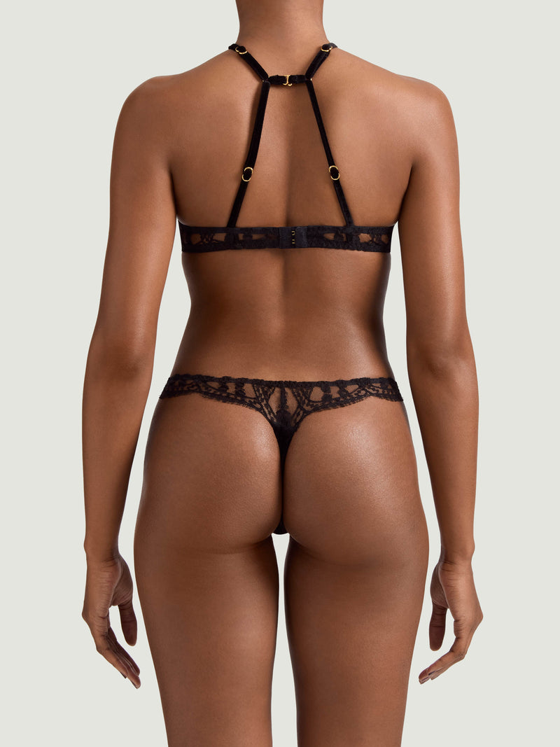 Coco de Mer Kiana High Neck Plunge Bra paired with Kiana Skirted Thong in a delicate floral French Leaver's lace pattern and luxurious black velvet accents