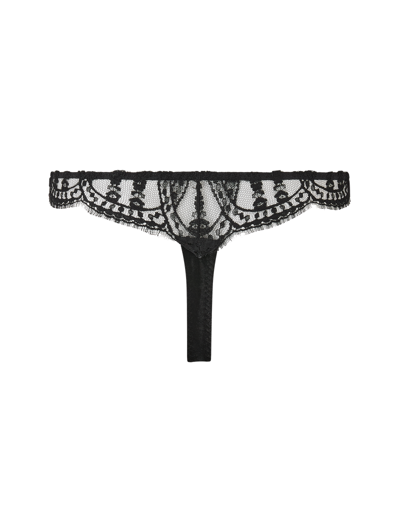 Coco de Mer Kiana Skirted Thong with a delicate floral French Leaver's lace pattern and a jet black velvet panel.
