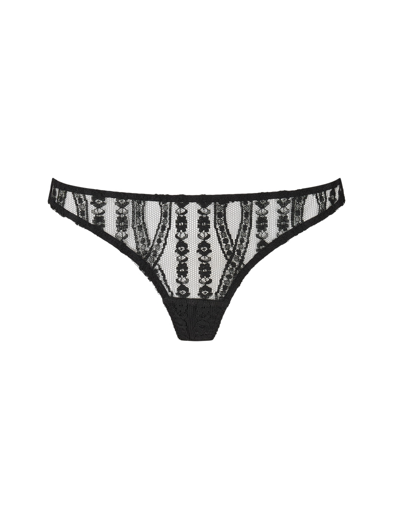 Coco de Mer Kiana Skirted Thong with a delicate floral French Leaver's lace pattern and a jet black velvet panel.