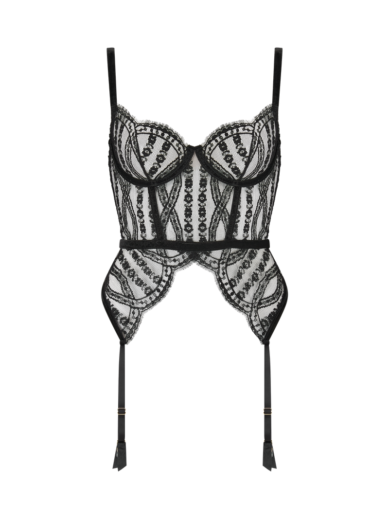 An intricate black French Leaver's lace Basque with luxury velvet binding, an underwired design, and adjustable suspender straps.