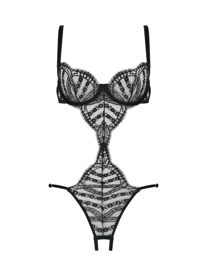 An intricate black French Leaver's lace playsuit with velvet accents, featuring a plunge bra shape, open crotch, and adjustable straps.