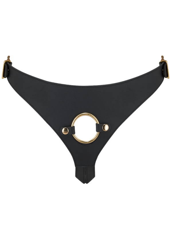Coco de Mer's sturdy leather strap on harness, secured with gleaming brass hardware