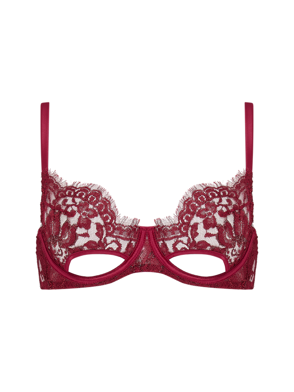 Coco de Mer Naraya red lurex Leaver's lace balcony bra with floral pattern, adjustable straps, and the delightful cut out detail adding drama.