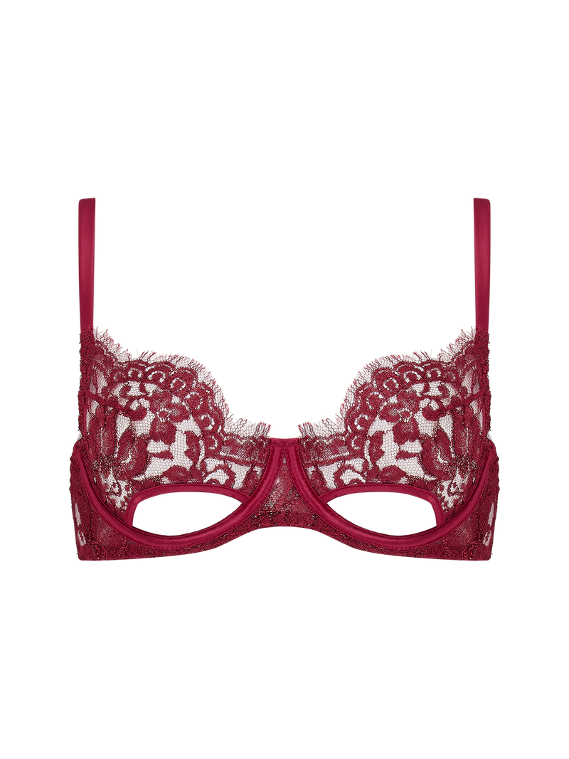 Coco de Mer Naraya red lurex Leaver's lace balcony bra with floral pattern, adjustable straps, and the delightful cut out detail adding drama.