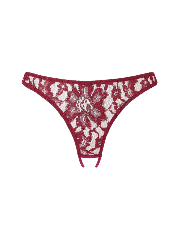 A red lurex Leaver's lace open knicker with scalloped panels and a sleek silk band and an open back
