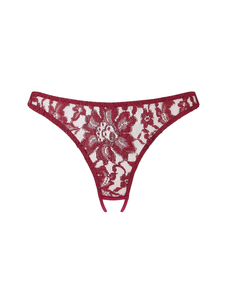 A red lurex Leaver's lace open knicker with scalloped panels and a sleek silk band and an open back