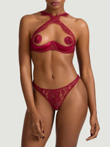 Naraya red lurex Leaver's lace Quarter Cup Bra paired with matching Open Knicker with scalloped panels and a sleek silk band 