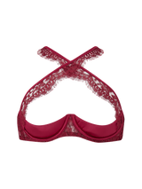 A red lurex French Leaver's lace quarter cup bra with silk shoulder straps featuring scalloped eyelash lace trims and a wired silhouette to give a beautiful silhouette. 