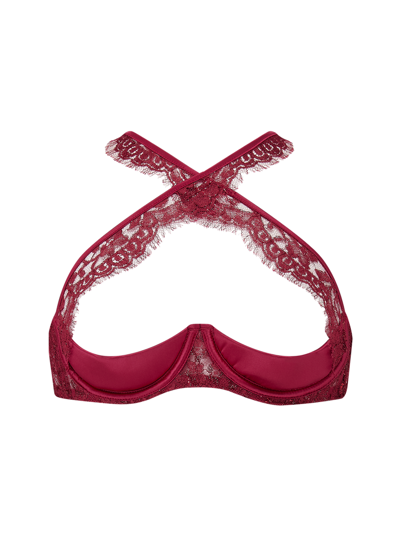 A red lurex French Leaver's lace quarter cup bra with silk shoulder straps featuring scalloped eyelash lace trims and a wired silhouette to give a beautiful silhouette. 
