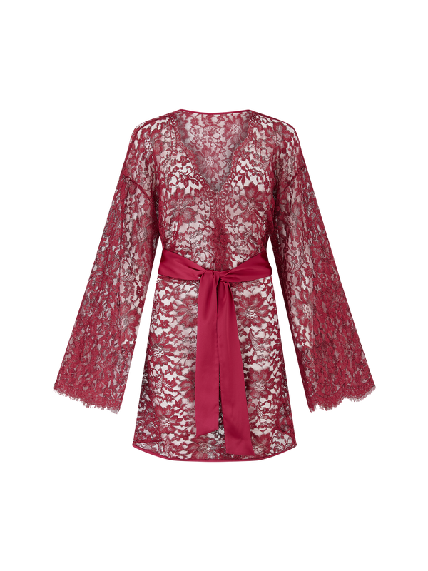 A red lurex Leaver's lace robe with a silk belt, designed with wide sleeves and scalloped edges at the neckline and cuffs.