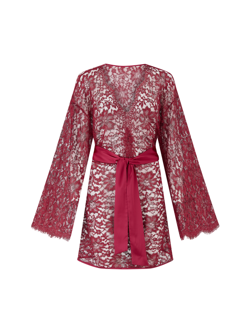 A red lurex Leaver's lace robe with a silk belt, designed with wide sleeves and scalloped edges at the neckline and cuffs.