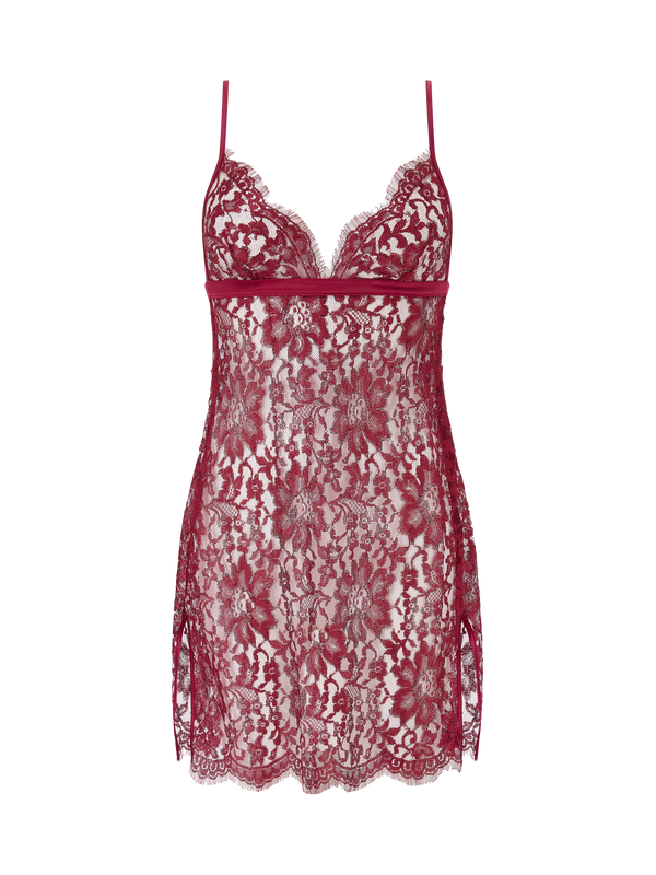 A red lurex Leaver's lace slip with triangle cups and a keyhole back with a silk covered button.