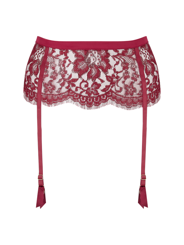 Kiana suspender belt with red lurex Leaver's lace in a foral design, scalloped eyelash trim and adjustable silk straps
