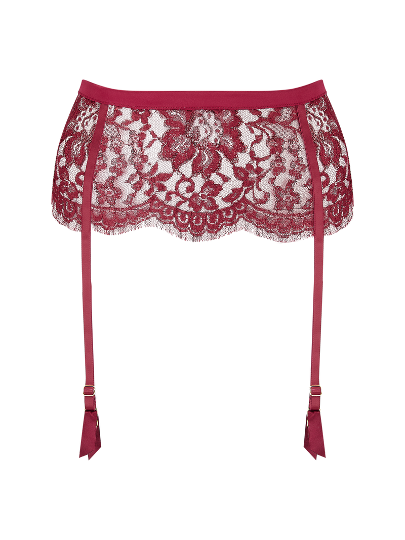 Kiana suspender belt with red lurex Leaver's lace in a foral design, scalloped eyelash trim and adjustable silk straps