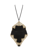 Elegant black silk open playsuit with gold lace trim, silk strap detailing and an open gusset. 