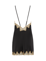 Back view of a Coco de Mer black silk slip dress. Gold embriored lace trim, silk straps and a low back.