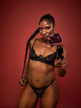 Dame Denise Lewis wears an elegant set of a Seraphine Leaver's Lace Plunge Bra with a matching Seraphine Brazilian Knicker