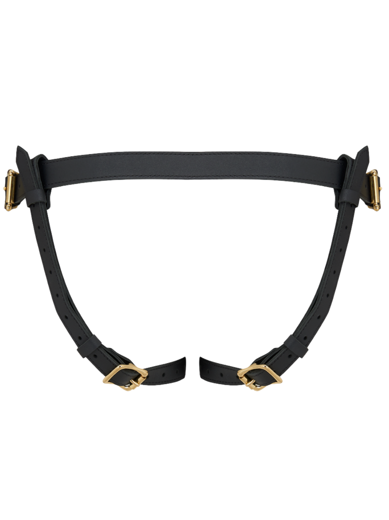 Coco de Mer's sturdy leather strap on harness, secured with gleaming brass hardware