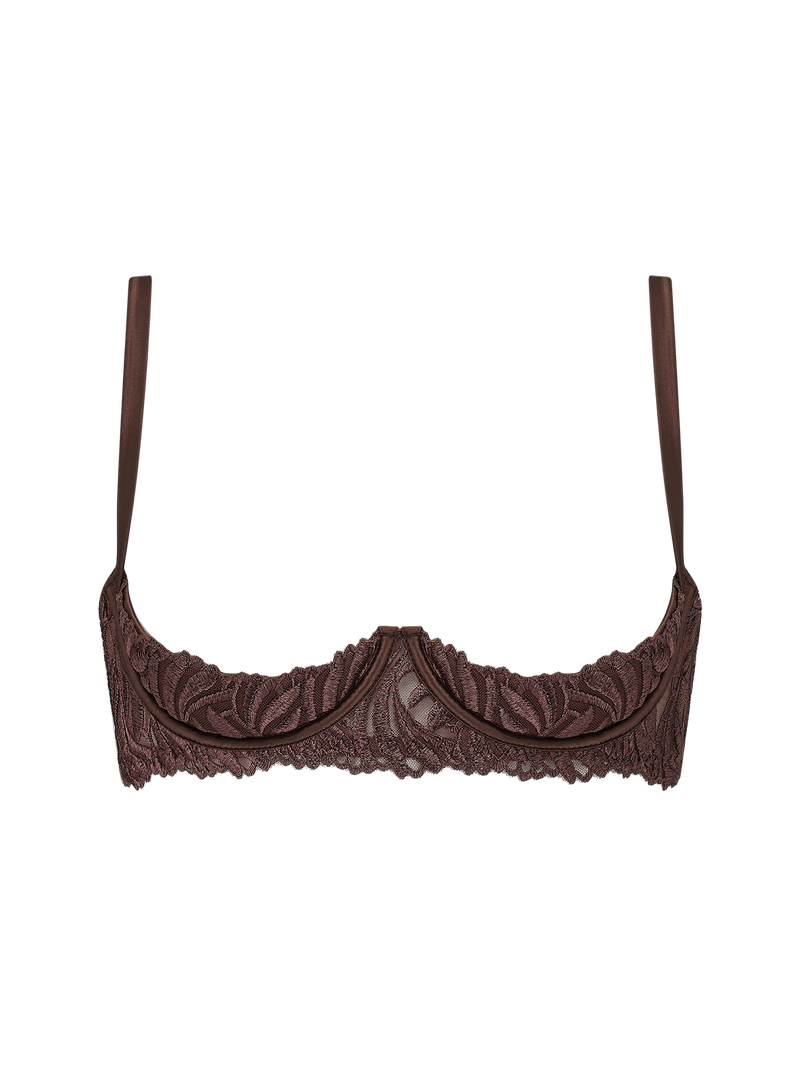 A brown quarter cup bra with chocolate silk underwires and mocha embroidery, adjustable silk-covered straps, and golden hardware.