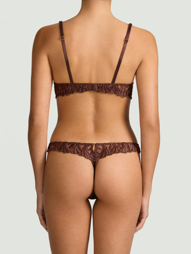 Tamia Balcony Bra paired with Tamia Brazilian Knicker in mocha-colored bespoke embroidery and silk bound strapping, featuring a scalloped edge
