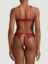 Naraya red lurex Leaver's lace Quarter Cup Bra paired with matching Open Knicker with scalloped panels and a sleek silk band, as shown on model as perfect set