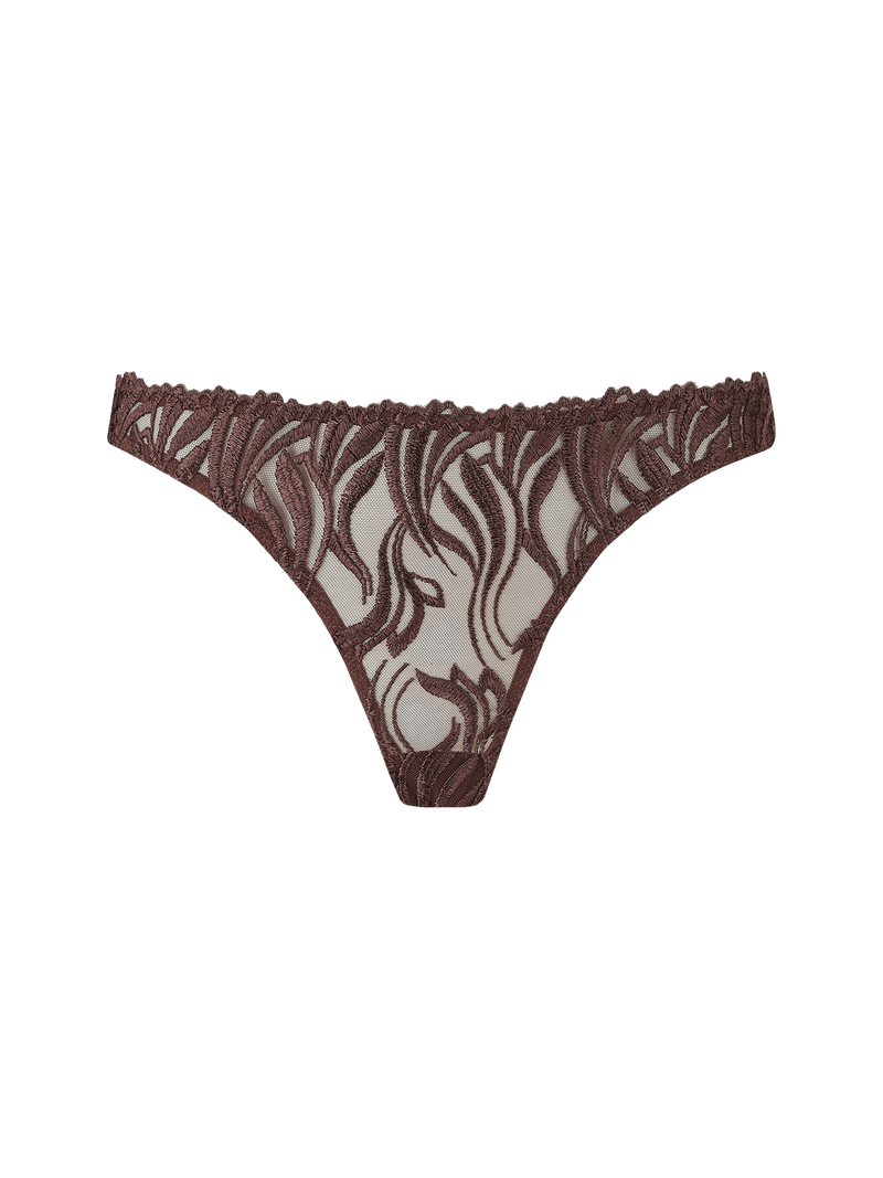 Tamia Brazilian Knicker with mocha-colored bespoke embroidery and silk bound strapping, featuring a scalloped edge