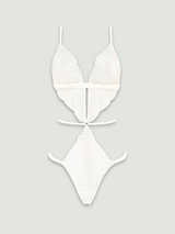 Cut out image of the ivory playsuit showing scallop edge detailing across the bodice with ivory silk adjustable straps 