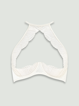 Front cut out image of ivory quarter cup bra showing embroidered scallop edge detailing across the chest with a silk wired underband 