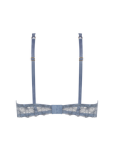 Back view of the Coco de Mer Esme Balcony bra in powder blue. Features a floral embroidery and silk finishes.