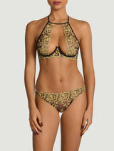 Model wears a UK size M black underwire plunge bra with gold embroidery, with matching black Brazilian knickers with gold embroidery in a size UK M