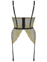 Black underwire quarter cup basque with gold embroidery and attached silk suspender straps from the back 