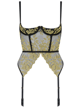 Black quarter cup underwire basque with gold embroidery and attached black silk suspender straps 
