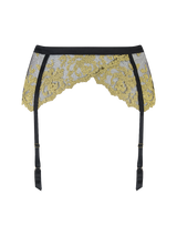 Black suspender belt with rose design scallop edge detailing with black silk straps attached on a clear background from the front 