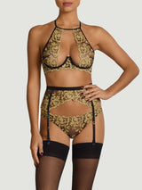 Model wears a size S/M in the black suspender belt with rose design gold embroidery scallop edge detailing with black sheer suspenders attached by black silk straps matched with the black underwire plunge bra with gold embroidery in a UK size 34B
